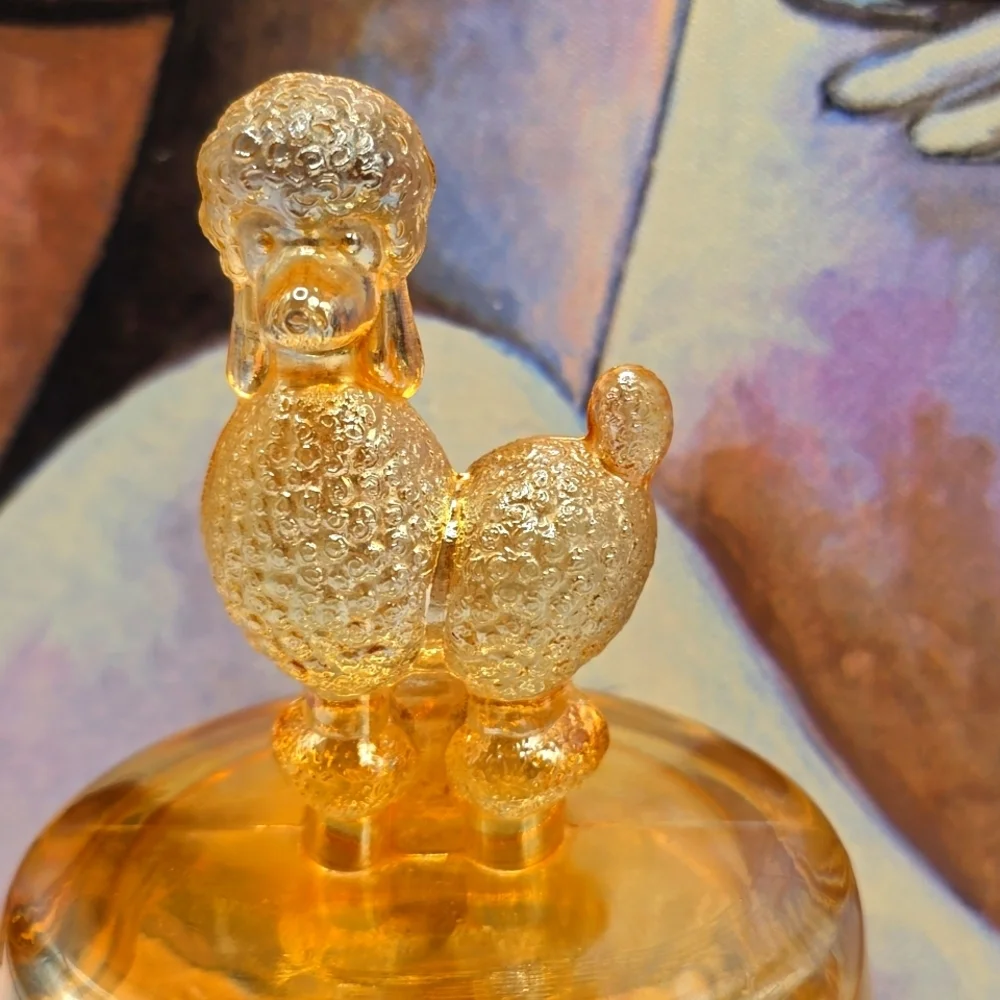 Vintage Lustre Marigold Carnival Glass Jeannette French Poodle Trinket Box Dish